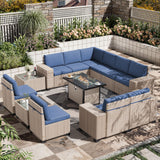 Aukreolis 13 Pieces Patio Furniture Set with Fire Pit Table, Outdoor Sectional Wicker Sofa with Thickened Cushions and Coffee Table, High Back Rattan Patio Conversation Sets, Navy Aukreolis