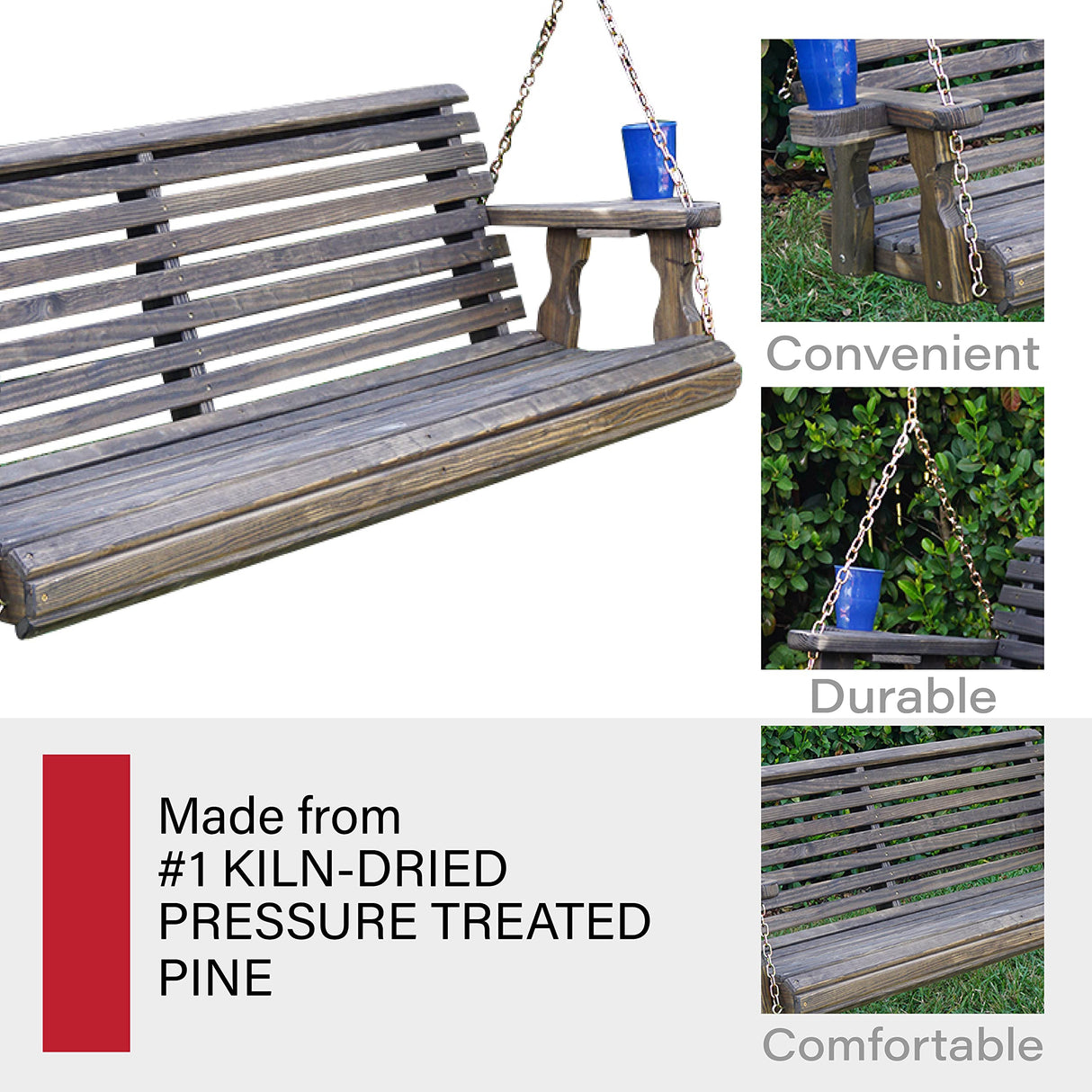 Amish Casual Heavy Duty 700 Lb Roll Back Treated Porch Swing with Hanging Chains and Cupholders (5 Foot, Dark Walnut Stain) Amish Casual