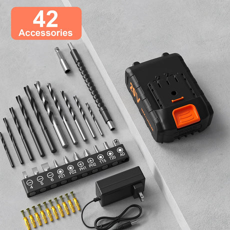 Cordless Drill Set, 20V Power Drill with Power Pack 2.0Ah and Charger, 3/8-Inch Keyless Chuck Electric drill, 25+1 Position, 42pcs Drilldriver Bits/Screws for DIY Projects (Orange) VIWKO