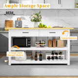 47.3" Solid Rubberwood Kitchen Island with Power Outlets - Extra Large Work Surface, 2 Drawers & Open Shelves Storage Cabinet for Kitchen Dining Room, Farmhouse Style (White) DynJest