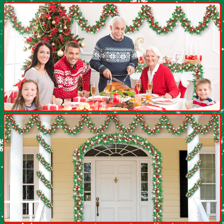 50 FT Christmas Decorations Tinsel Garland with Snowflake Christmas Tree, Red Green Silver Shiny Metallic Twist Christmas Garland for Home Tree Mantle Stairs Indoor Outdoor Holiday Xmas Party Decor Lairyan