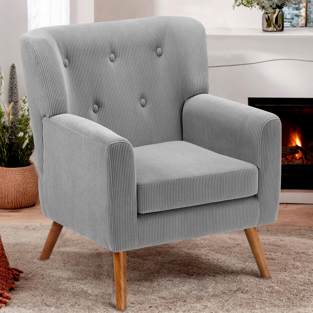 PrimeZone Mid-Century Modern Accent Chair - Comfy Corduroy Living Room Chair, Reading Chair with Button Tufted Design & Wing Back, Cozy Upholstered Armchair for Bedroom, Corner, Grey PrimeZone