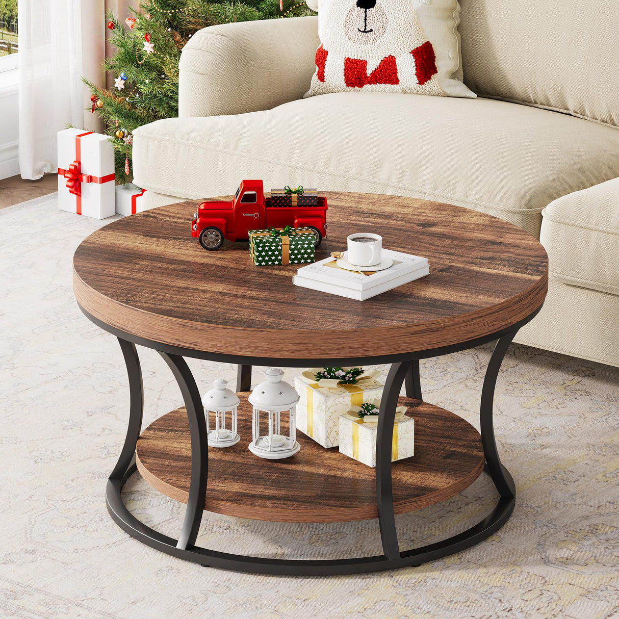 Condemo Round Coffee Table for Living Room, 2-Tier Circle Coffee Table with Storage, Accent Center Table Modern Design, Rustic Brown and Black Condemo