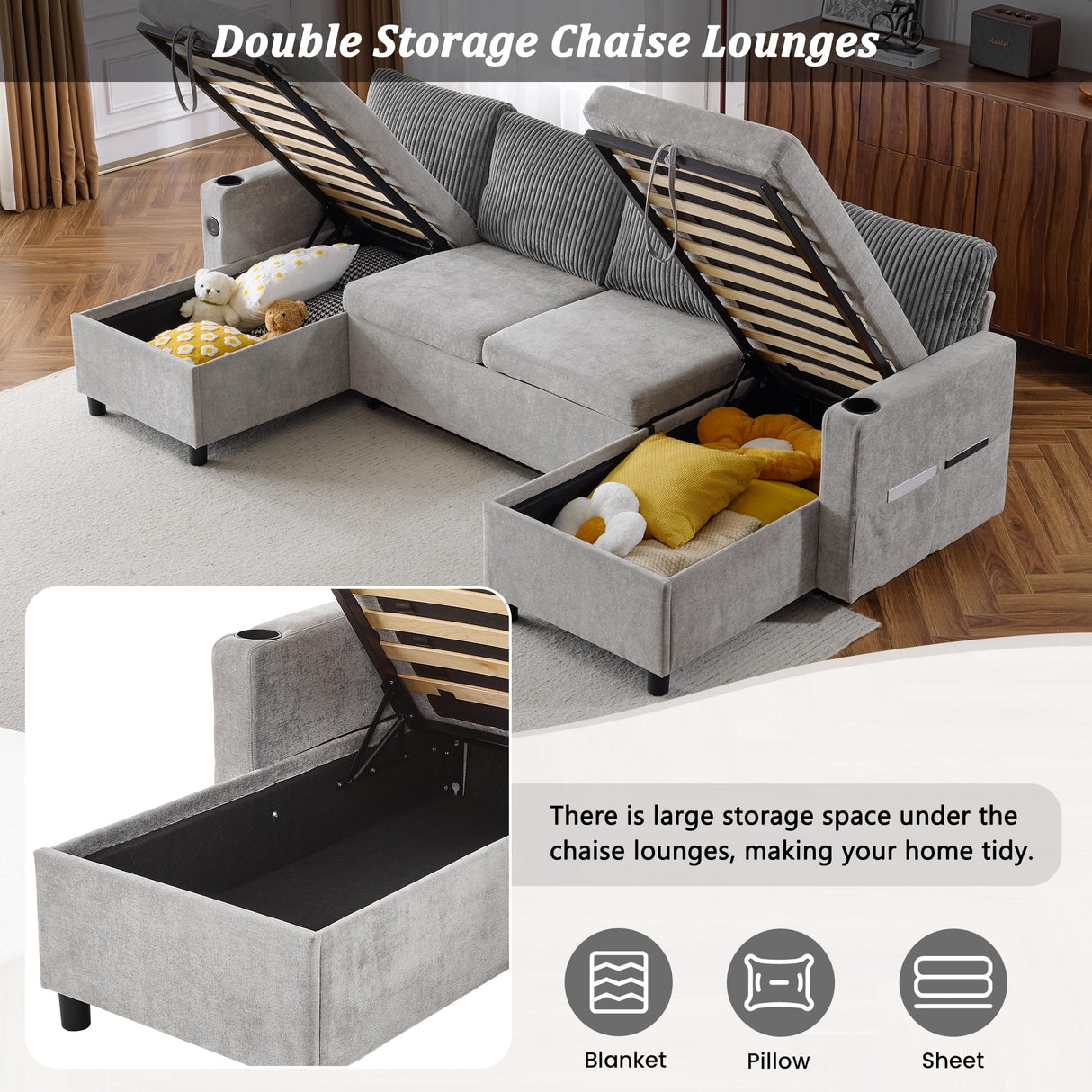 Merax Pull-Out Sofa Bed Sleeper Pull Out Sectional Couch with Storage, USB, Cup Holder for Apartment Living Room, Gray Merax
