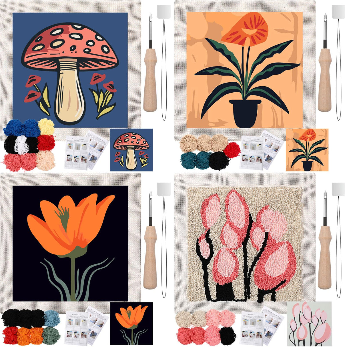 Daifunli 4 Sets Punch Needle Kit with Frame for Beginners 10 x 10 Inch Embroidery Starter Kits Punch Needle Kit with Pattern, Threader, Yarns, Tools for Adults Craft DIY Christmas Birthday Daifunli