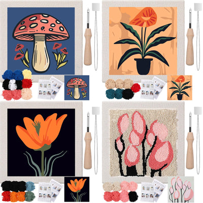 Daifunli 4 Sets Punch Needle Kit with Frame for Beginners 10 x 10 Inch Embroidery Starter Kits Punch Needle Kit with Pattern, Threader, Yarns, Tools for Adults Craft DIY Christmas Birthday