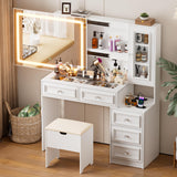PAKASEPT Vanity Desk with Sliding Mirror and Lights, 44" Makeup Vanity Table with Glass Top, 5 Drawers, Storage Cabinet, 2 Hidden Storage Shelves, Charging Station & Stool Set for Bedroom, White PAKASEPT