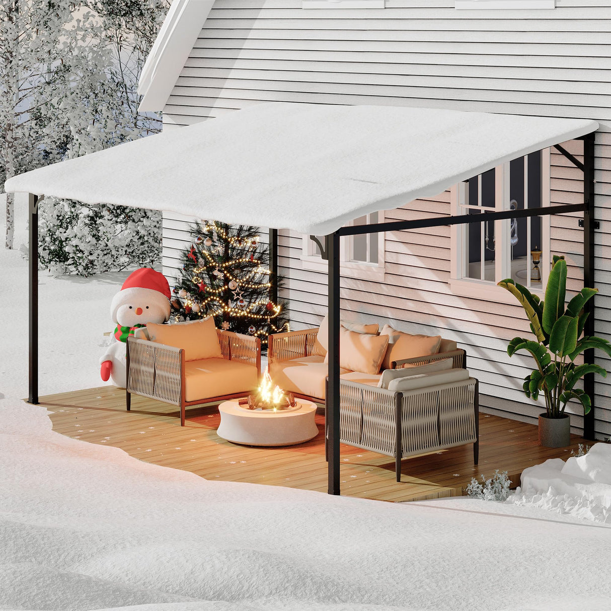 12' x 14' Gazebo for Patio, Large Wall Mounted Gazebos Pergola with Metal Frame, Hard Top Lean to Pergola, Outdoor Patio Lean to Metal Awnings Gazebos for Deck, Porch, Backyard Reljofum