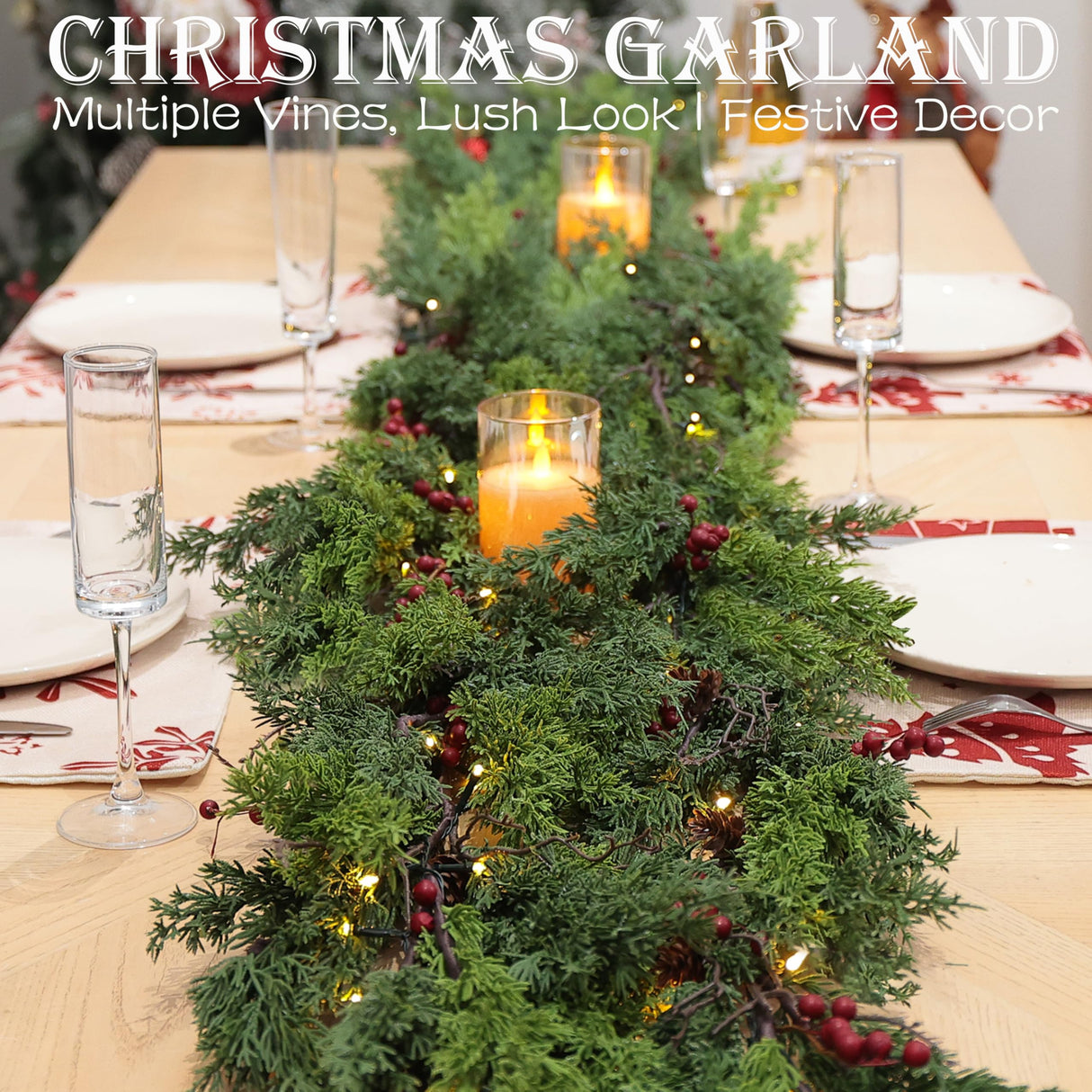 6 Feet Artificial Christmas Garland - Real Touch Cedar Garland - Christmas Decorations for Table,Fireplace,Mantle,Wall, Indoor Outdoor -Garland for Christmas Decorations - Free Battery LED Lights WHANLEY L&Q