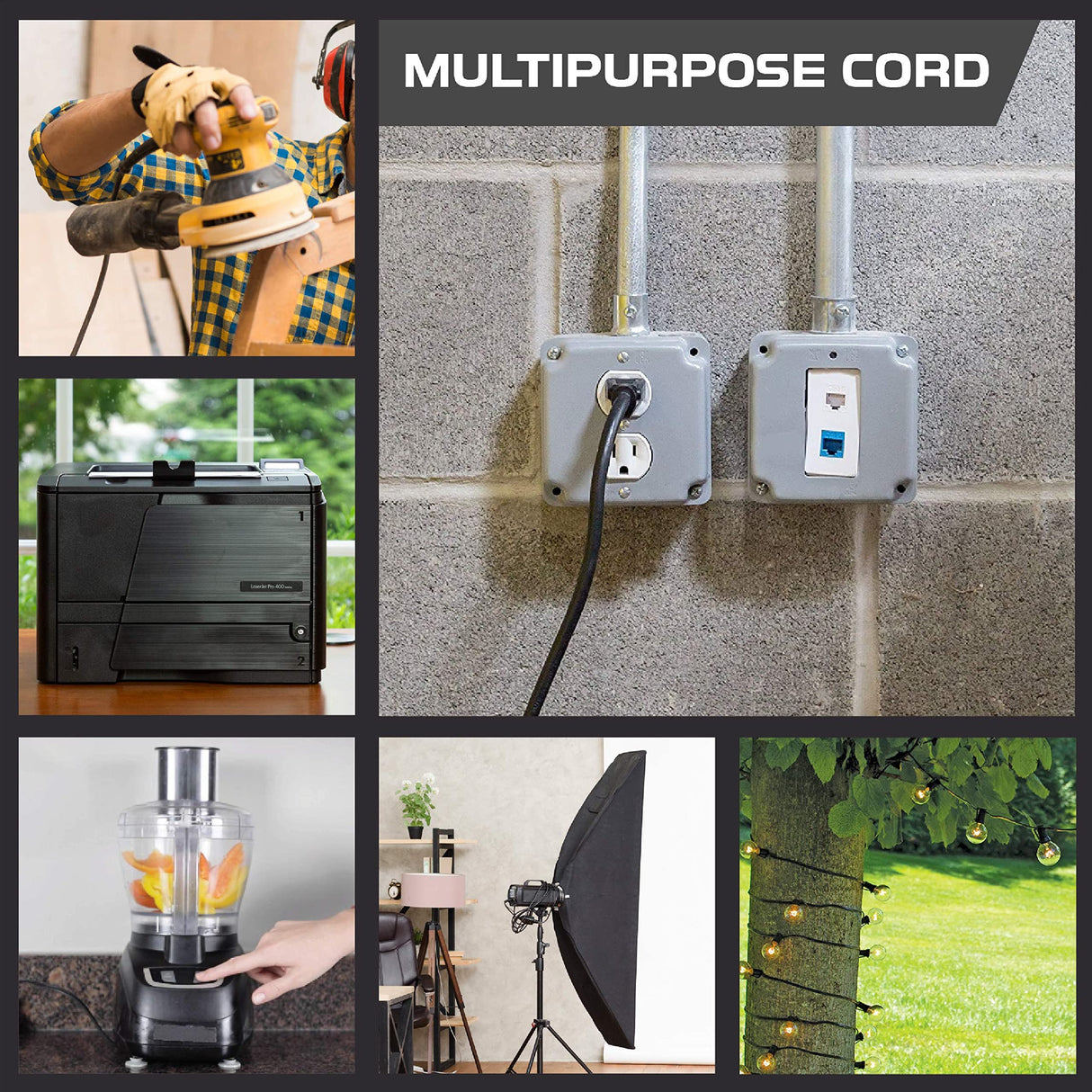 Iron Forge Cable 3 Outlet Power Strip Outdoor Extension Cord 15 ft, 16/3 Weatherproof Heavy Duty Black Extension Cord with Multiple Outlets 3 Prong IRON FORGE CABLE