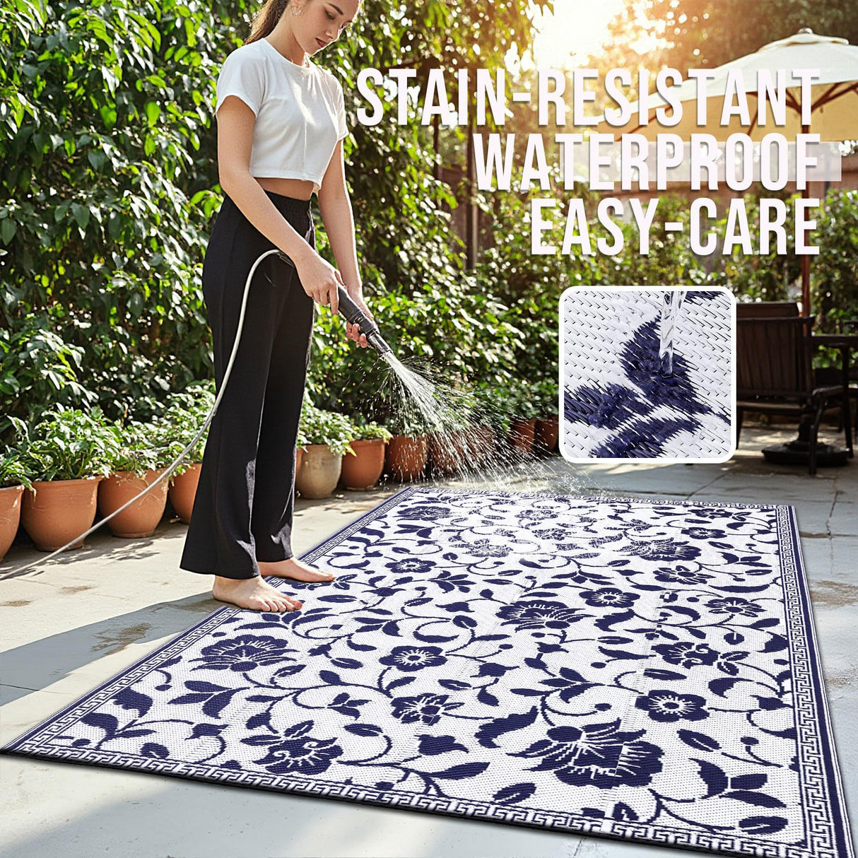 OLANLY Waterproof Outdoor Rug 5x8 ft, Outdoor Plastic Straw Rug with Flower Pattern, Reversible RV Mat for Patio, Camping, Balcony, Deck, Backyard, Navy & White OLANLY