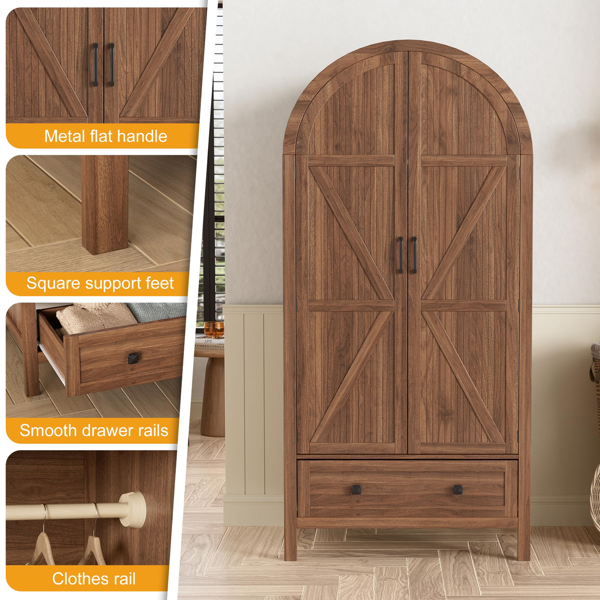 PAKASEPT Armoire Wardrobe Closet with Drawers and 2 Arched Fluted Doors, 70.9‘’ Tall Wooden Bedroom Armoires with LED Light & Shelves and Hanging Rod(Brown) PAKASEPT