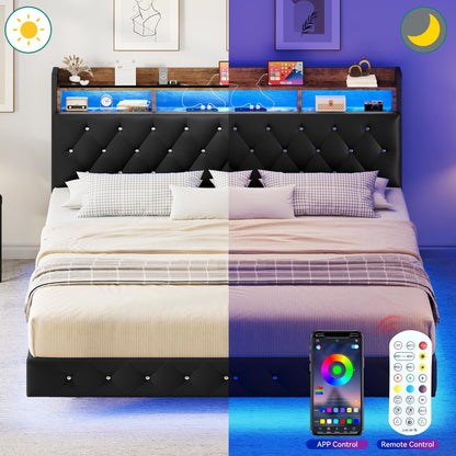 YITAHOME Queen Floating Bed Frame with LED Lights and Storage Headboard, Black Faux Leather - WoodArtSupply