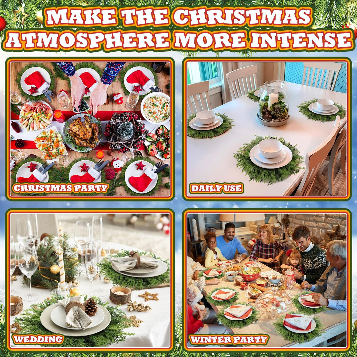 Teenyyou 6 Pcs Christmas Placemats Set 15 Inch Large Norfolk Pine Placemats Round Greenery Place Mats Artificial Xmas Washable Winter Table Decoration for Holiday Party Dining (Norfolk Pine, Green) Teenyyou