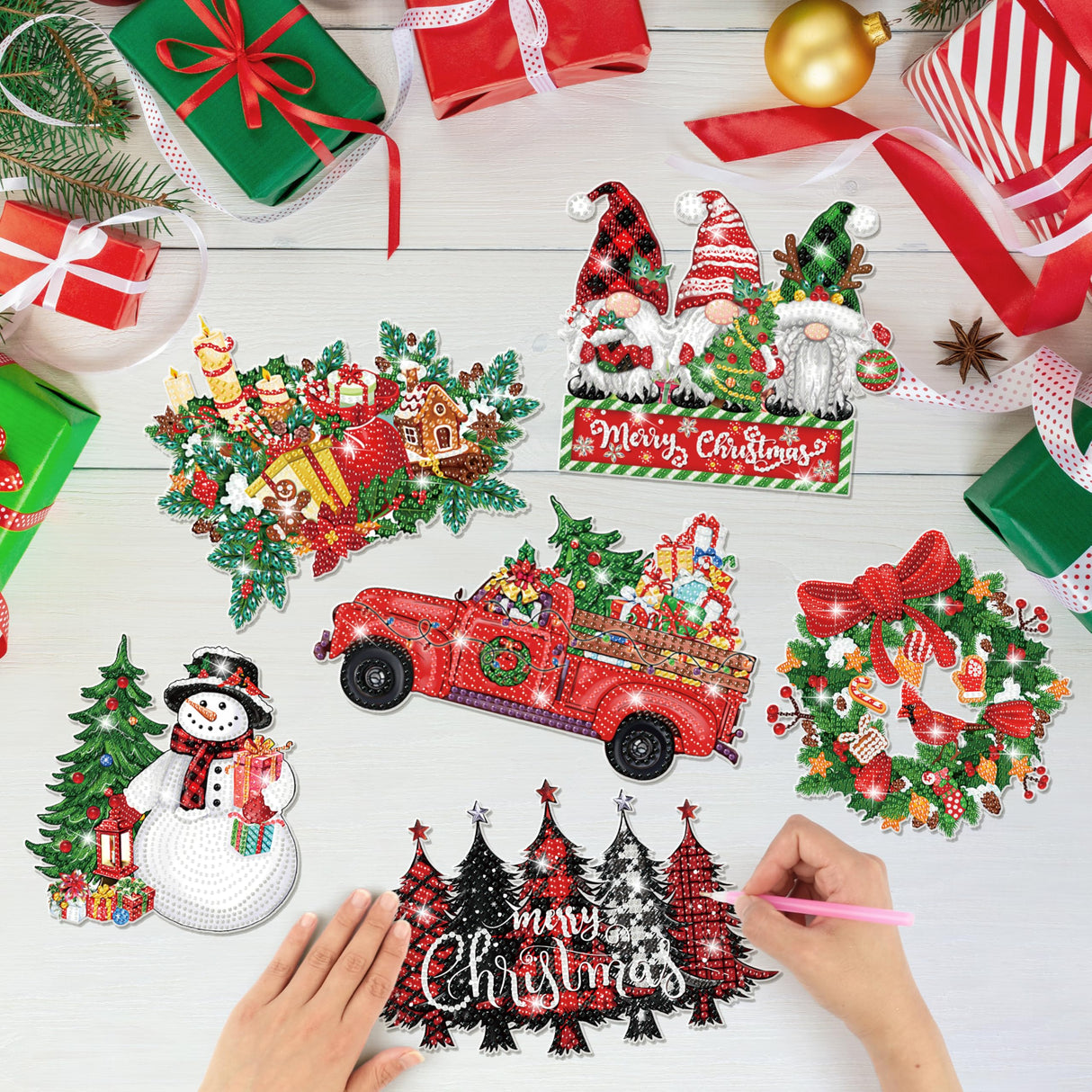 6 Pcs Christmas Diamond Art Kits - Diamond Art Christmas Ornaments, 5D DIY Christmas Diamond Painting Hanging kit Acrylic Snowman Gnome Wreath Truck Diamond Art for Wall Window Family Xmas Tree Decor JOPHMO