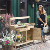 Outsunny Outdoor Potting Bench Table, Garden Work Station with Storage Cabinet, Open Shelf and Steel Tabletop, Natural Outsunny