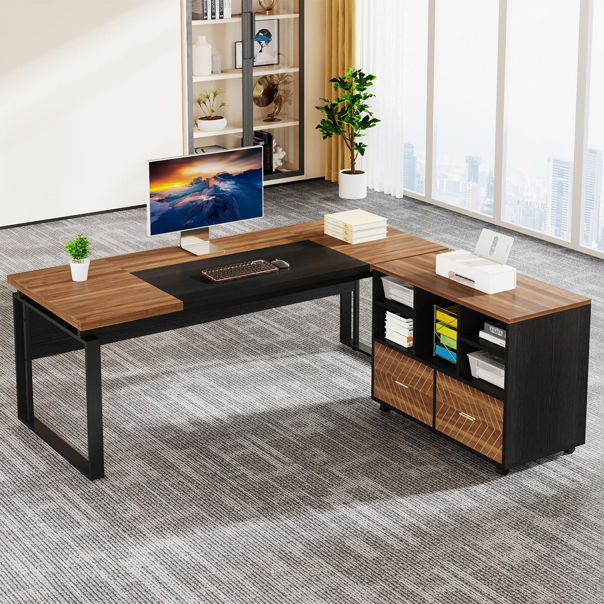 Tribesigns L-Shaped Executive Desk with Reversible File Cabinet, 63" Office Desk with Storage Drawers, L-Shaped Computer Desk with Drawer Cabinet for Hanging Letter Size Files (Walnut & Black) Tribesigns