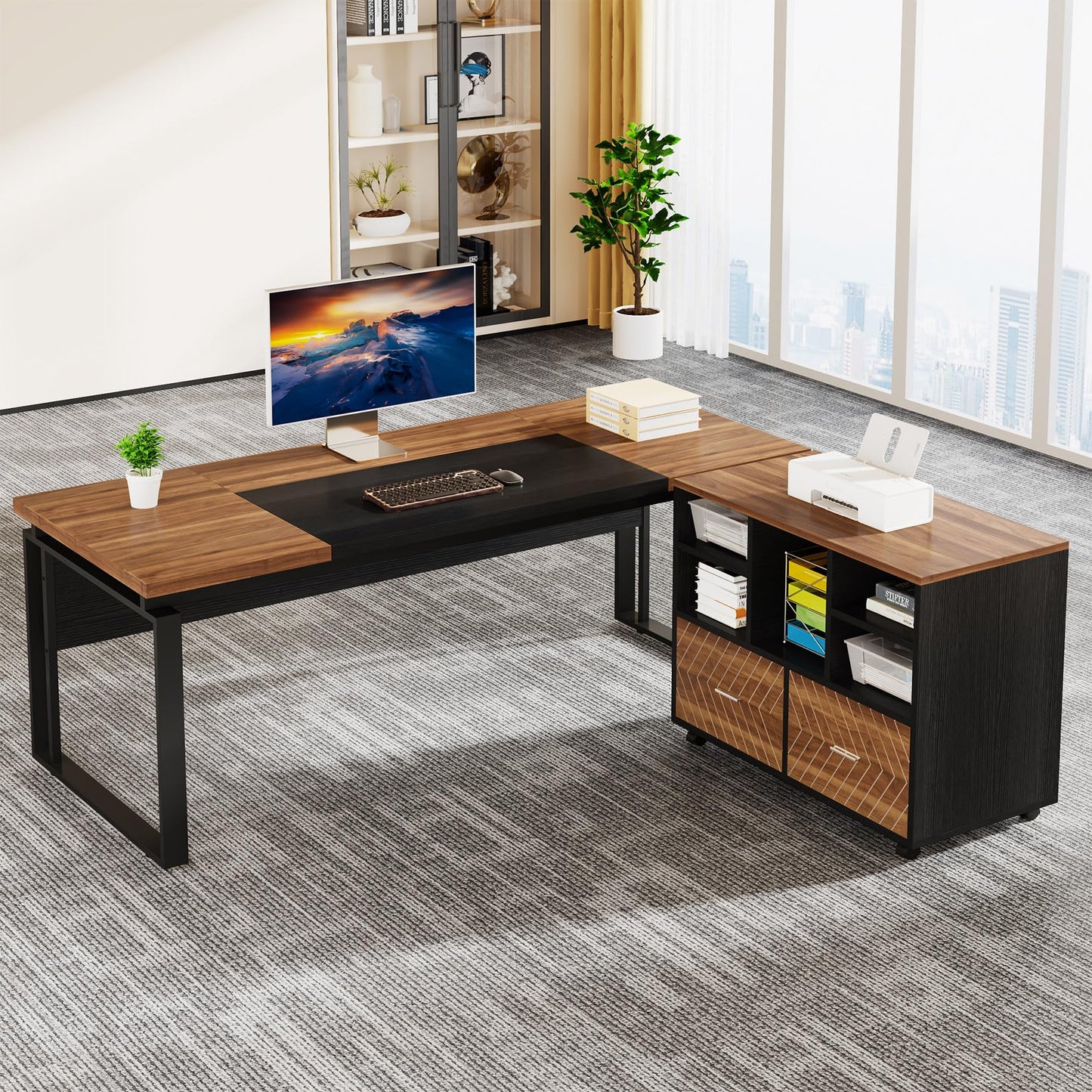 Tribesigns L-Shaped Executive Desk with Reversible File Cabinet, 63" Office Desk with Storage Drawers, L-Shaped Computer Desk with Drawer Cabinet for Hanging Letter Size Files (Walnut & Black - WoodArtSupply