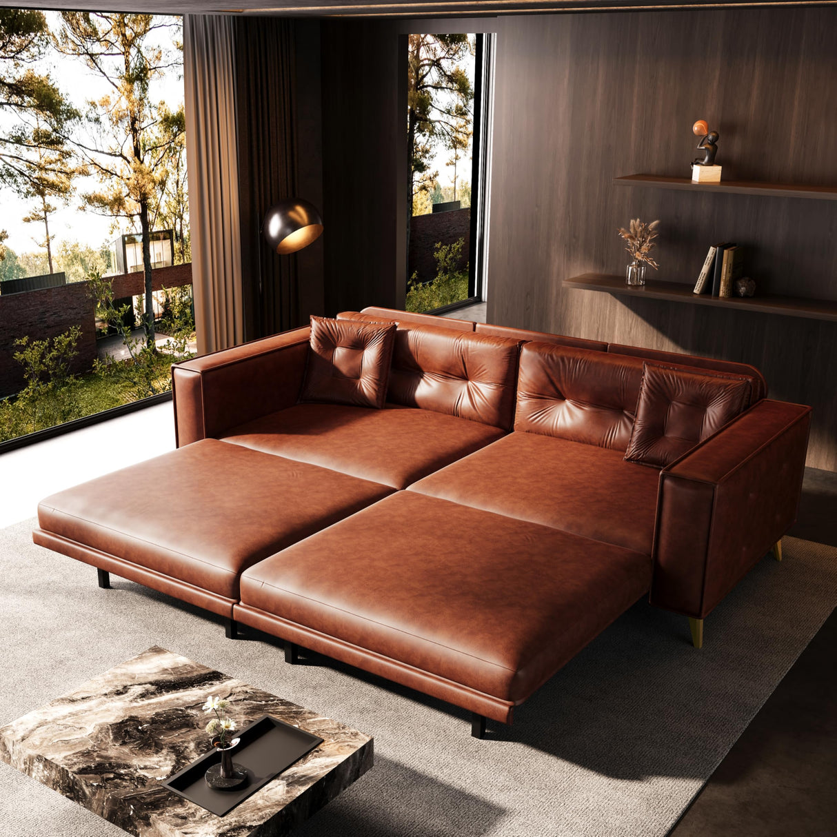 Skipity Sigmo 92" King Pull Out Sofa Bed, PU Leather Convertible Sleeper Couch with Tufted Design, Oversized 4-Seater Modern Mid Century Sectional Couch for Living Room, Small Spaces, Light Brown Skipity Sigmo