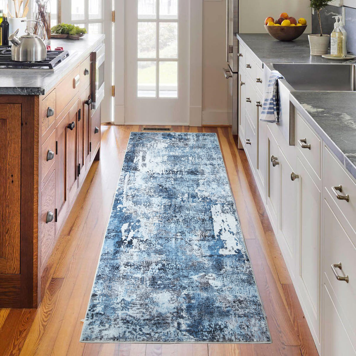 Rugcomf Runner Rug 2'6''x8' Hallway Rug Washable Boho Soft Area Rug Abstract Pattern Non-Slip Faux Wool Vintage Rug for Kitchen, Entryway, Laundry, Bedroom, Blue Rugcomf