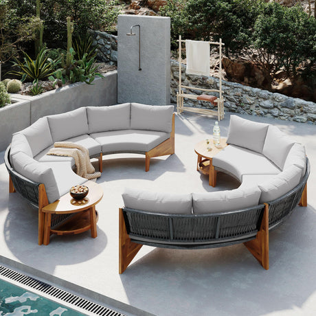 Quarte Outdoor Acacia Wood Round Sofa Set, Sectional Sets with Coffee Table,6-Person Seating Group for Garden, Deck (Gray/Half-Moon*A) Quarte