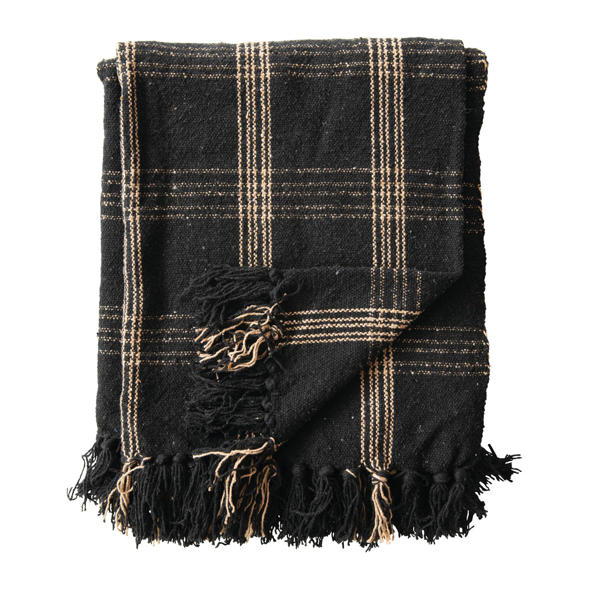 Plaid Black & Tan Fringed Woven Cotton Blend Throw Creative Co-Op