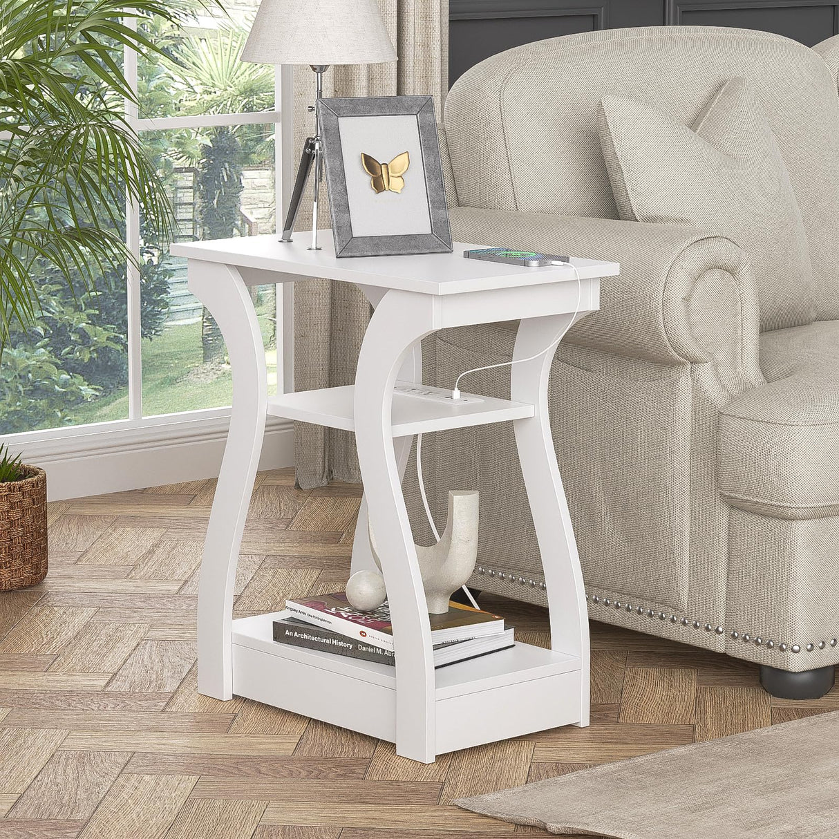 FROMJBEST End Tables Living Room, End Table with Charging Station, White End Table with USB,White Side Table, Nightstand for Bedroom, 3 Tier End Table with Storage Shelf for Living Room White FROMJBEST