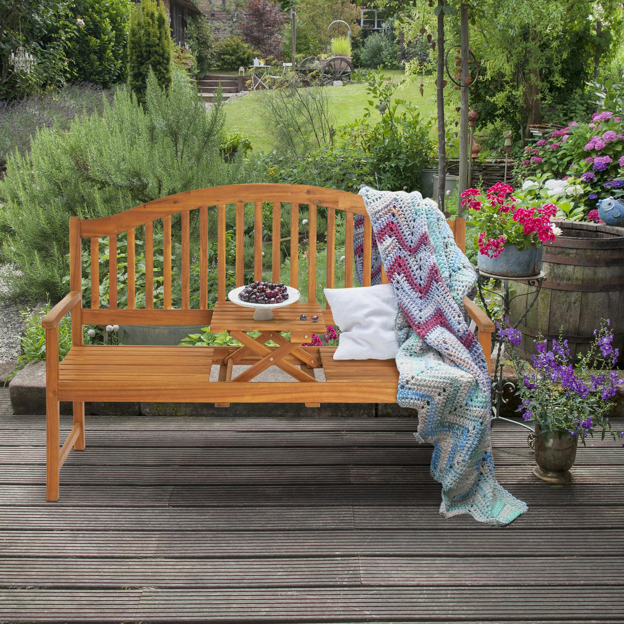 VINGLI 59” Outdoor Bench Garden Bench, Acacia Wood Porch Bench with Table, Wooden Patio Seating for Poolside Balcony Backyard VINGLI