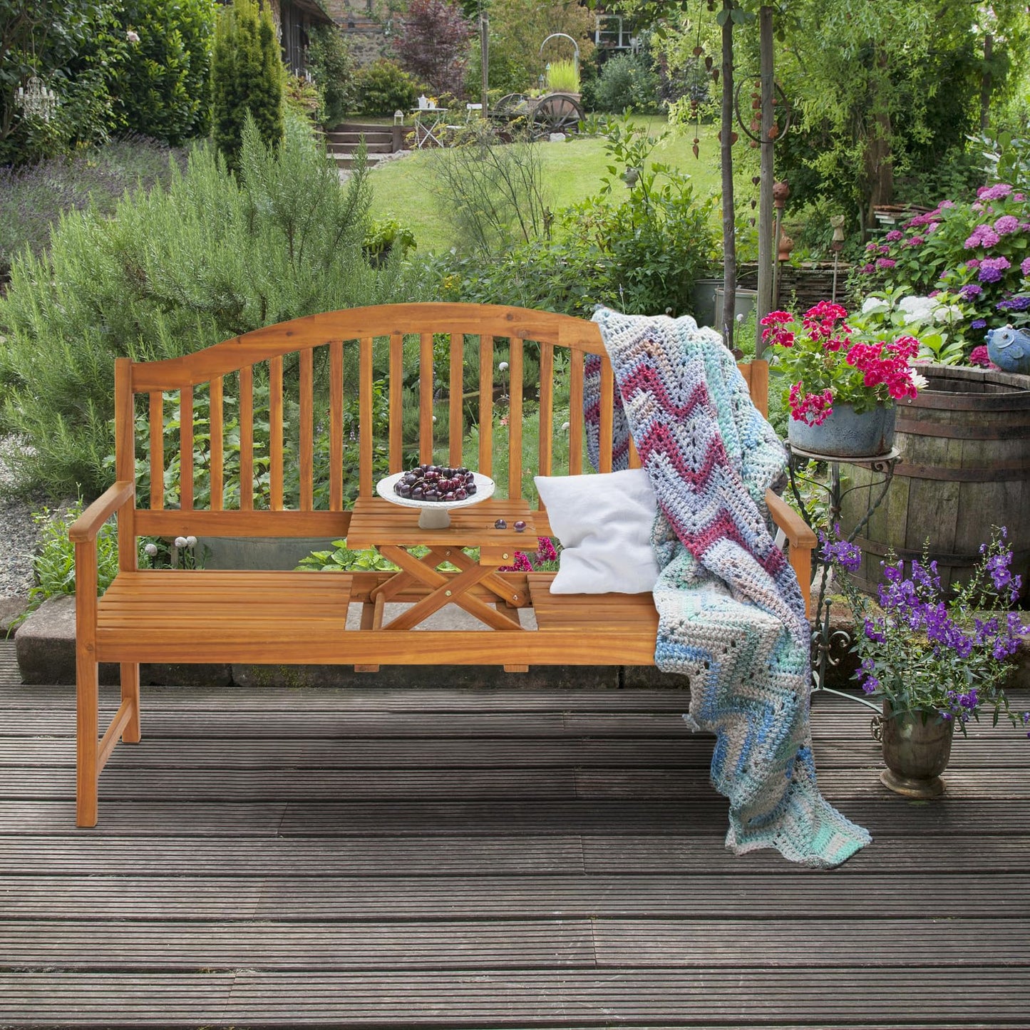 VINGLI 59” Outdoor Bench Garden Bench, Acacia Wood Porch Bench with Table, Wooden Patio Seating for Poolside Balcony Backyard