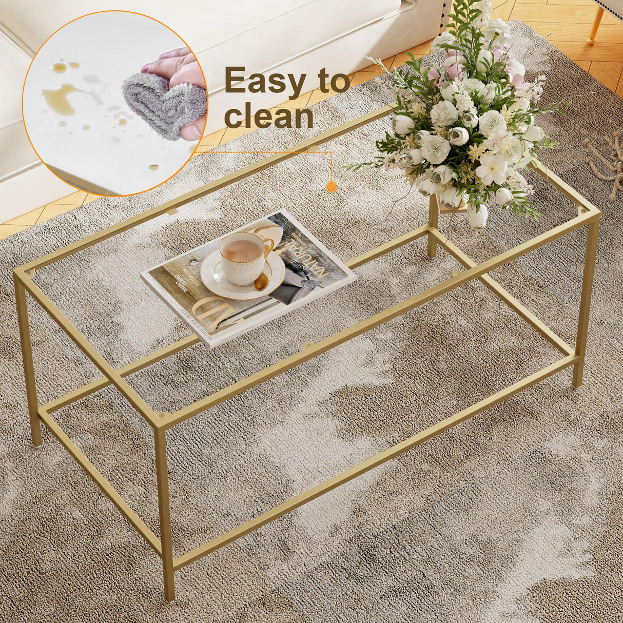 Homleke Glass Coffee Table, Modern Rectangular Coffee Table for Living Room, Minimalist Center Tea Table with Sturdy Metal Frame for Apartment, Office, Easy Assembly, 39.4 x 19.7 x 17.7 Inches, Golden Homleke