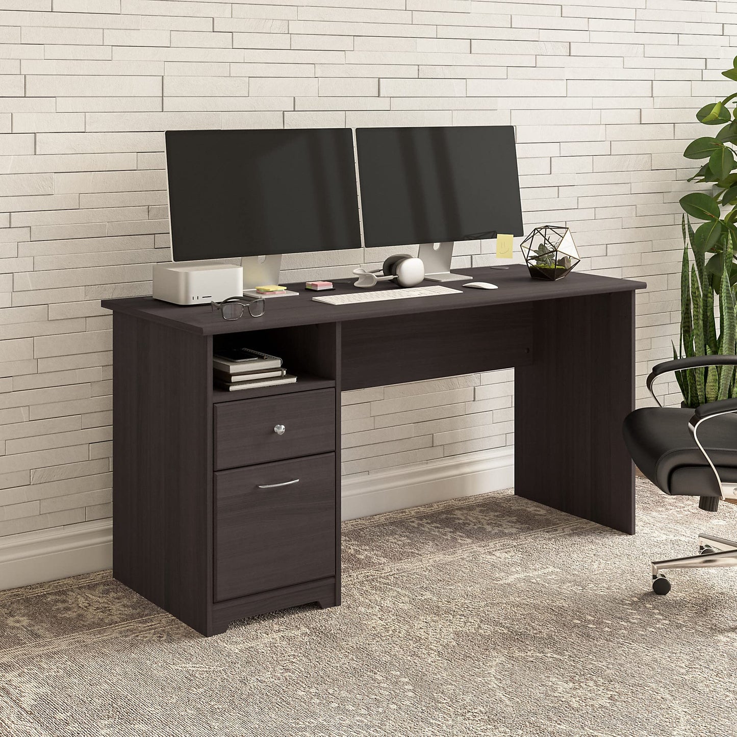 Bush Business Furniture Cabot Desks for Home Office with Storage and Chrome Hardware, Elegant Computer Table with Drawers, 60W, Heather Gray - WoodArtSupply