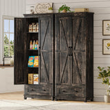 AMERLIFE 2 Pcs Farmhouse Kitchen Pantry Cabinet, 72" Tall Storage Cabinet with Adjustable Shelves & Barn Doors & Drawer, Freestanding Kitchen Cupboard for Dining Room, Living Room, Dark Rustic Oak AMERLIFE