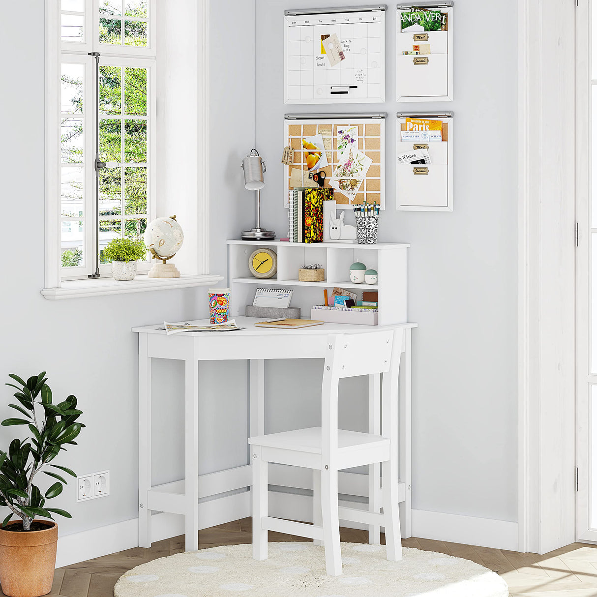 UTEX Kids Desk,Wooden Study Desk with Chair for Children,Writing Desk with Storage and Hutch for Home School Use,White UTEX