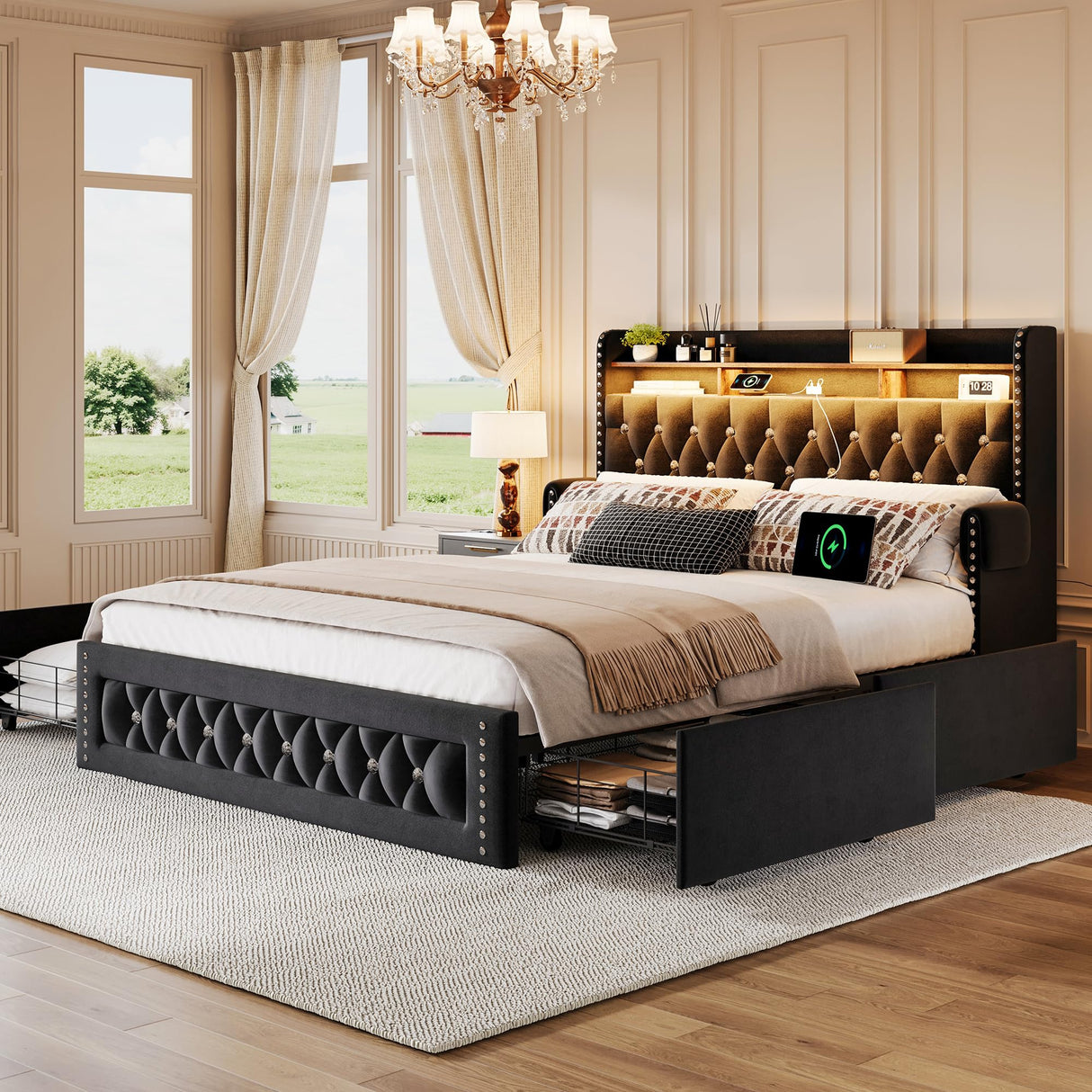 Ailisite Queen Size Bed Frame with 4 Storage Drawers and RGB Led Lights,Velvet Upholstered Queen Platform Bed with Charging Station and Bookcase Storage Headboard, with Crystal and Rivet Deco, Black Ailisite