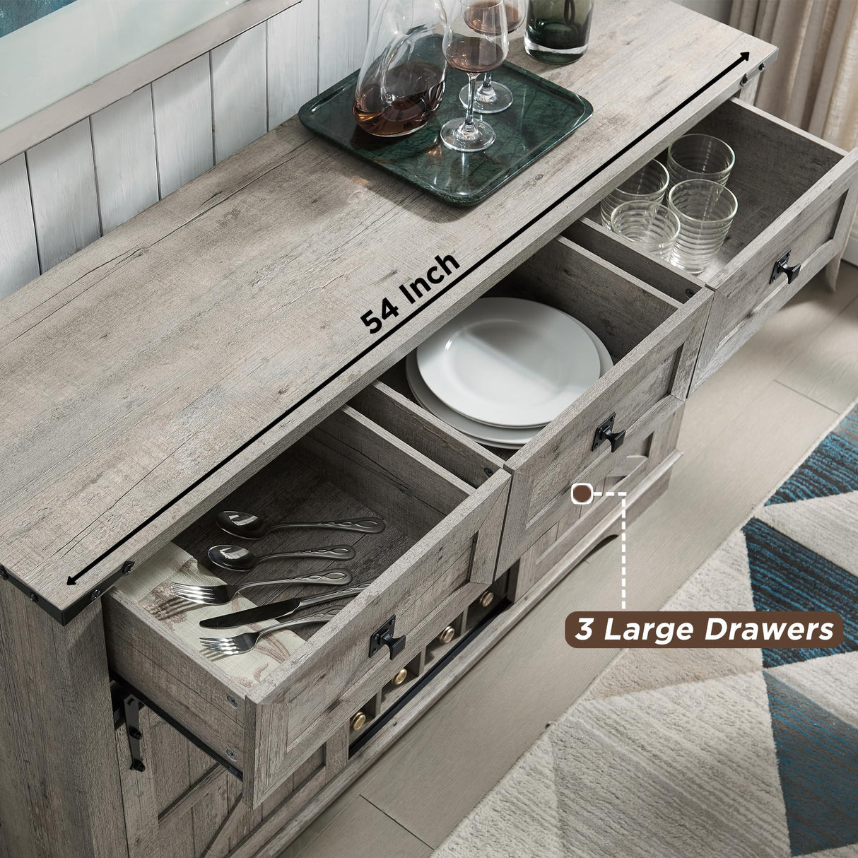 OKD Farmhouse Buffet Cabinet with Storage, 54" Kitchen Wine Bar Cabinet w/Wine & Glass Rack, Sliding Barn Door, 3 Drawers, Rustic Coffee Bar Cabinet, Light Rustic Oak OKD