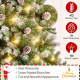 Yaheetech 4.5ft Pre-lit Christmas Tree, Snow Flocked Artificial Christmas Tree with 35 Snow Pinecones & 412 PVC Branch Tips & 150 Warm White Lights, White & Green Yaheetech