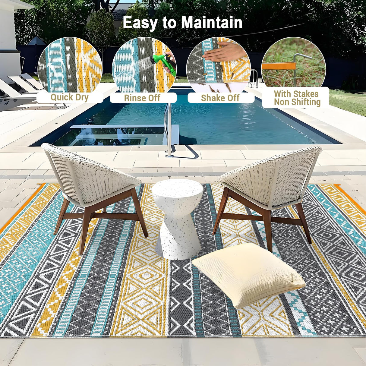 GAOMON Outdoor Rug 9'x12' Waterproof Rug for Patio Decor, Foldable Reversible Plastic Straw Area Rugs Mat for Camper, Outside Carpet for Deck, Porch, Picnic, Beach, Teal/Yellow(Bohemia) GAOMON