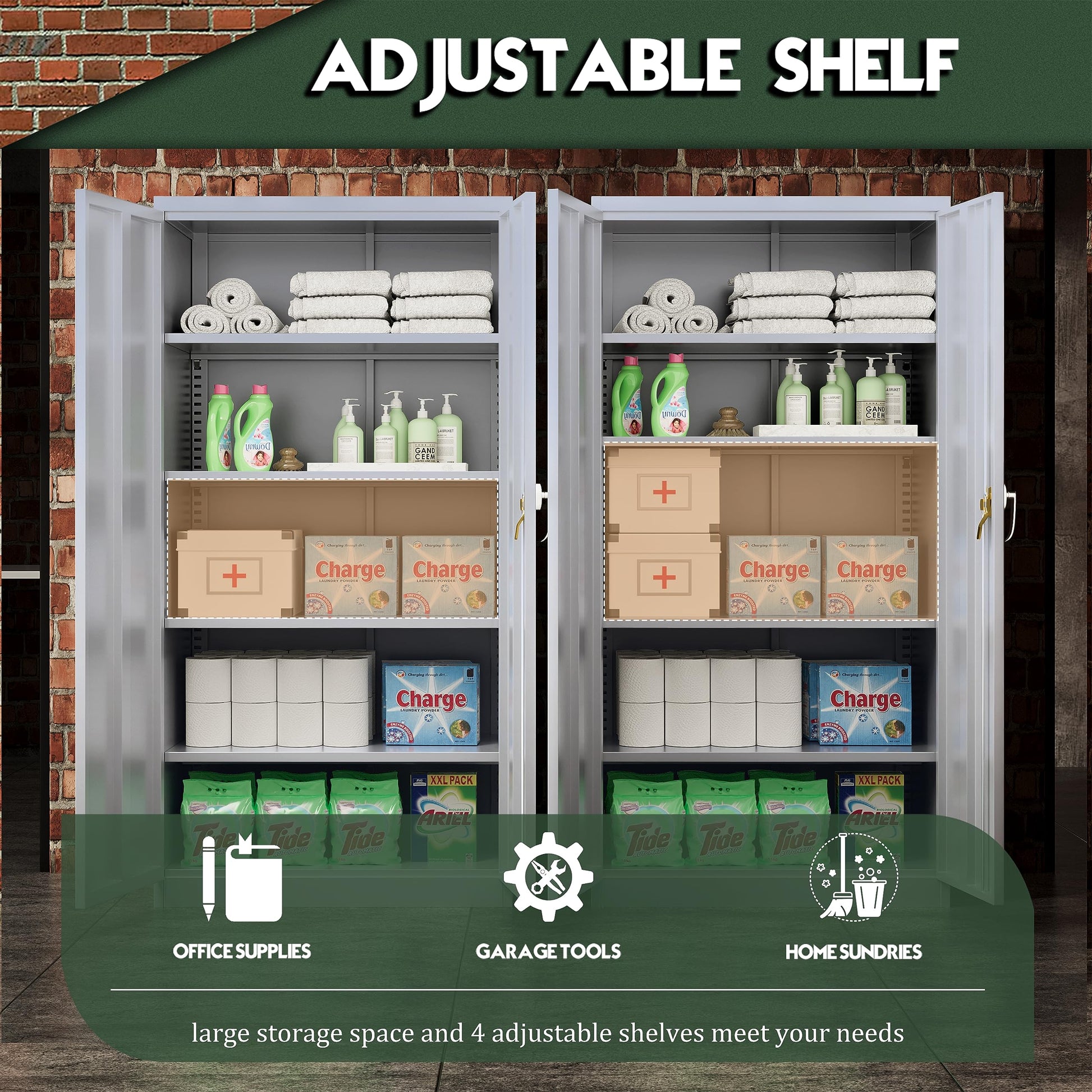 Greenvelly Metal Garage Storage Cabinet, 72” Tall Locking Steel Cabinet with 2 Doors and 4 Adjustable Shelves, Utility Metal Filing Cabinet with Lock for Home, Office, Garage, School (Dark Gr - WoodArtSupply