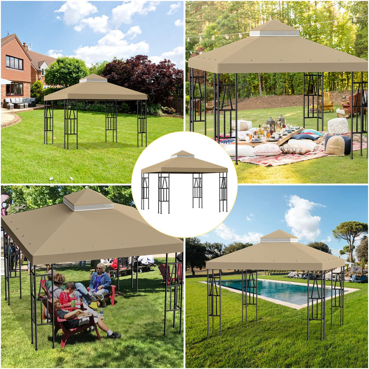 10'x10' Replacement Canopy Top Cover Only for Gazebo, Double Tiered Gazebo Covers for Outdoor Patio Garden Canopy Upgraded 2025 (Khaki) Big Lighting Deals