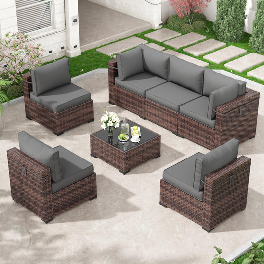 Amopatio 7 Pieces Patio Furniture Set, Outdoor Furniture Sectional Rattan Sofa Sets, Patio Couch with Glass Coffee Table for Backyard Garden (Grey) - WoodArtSupply