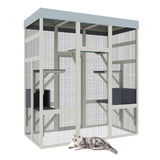 MegaChoice 70" Large Wood Catio Outdoor Cat Enclosure, Outdoor Cat Cage with Waterproof Cover,Wooden Walk in Cat Shelter Platforms & 2 Resting Box, UV Resistant (Grey) MegaChoice