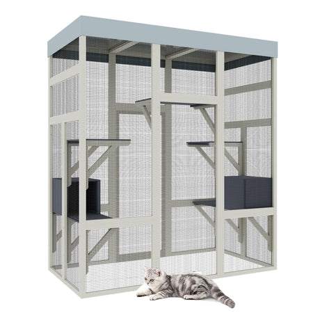 MegaChoice 70" Large Wood Catio Outdoor Cat Enclosure, Outdoor Cat Cage with Waterproof Cover,Wooden Walk in Cat Shelter Platforms & 2 Resting Box, UV Resistant (Grey) MegaChoice
