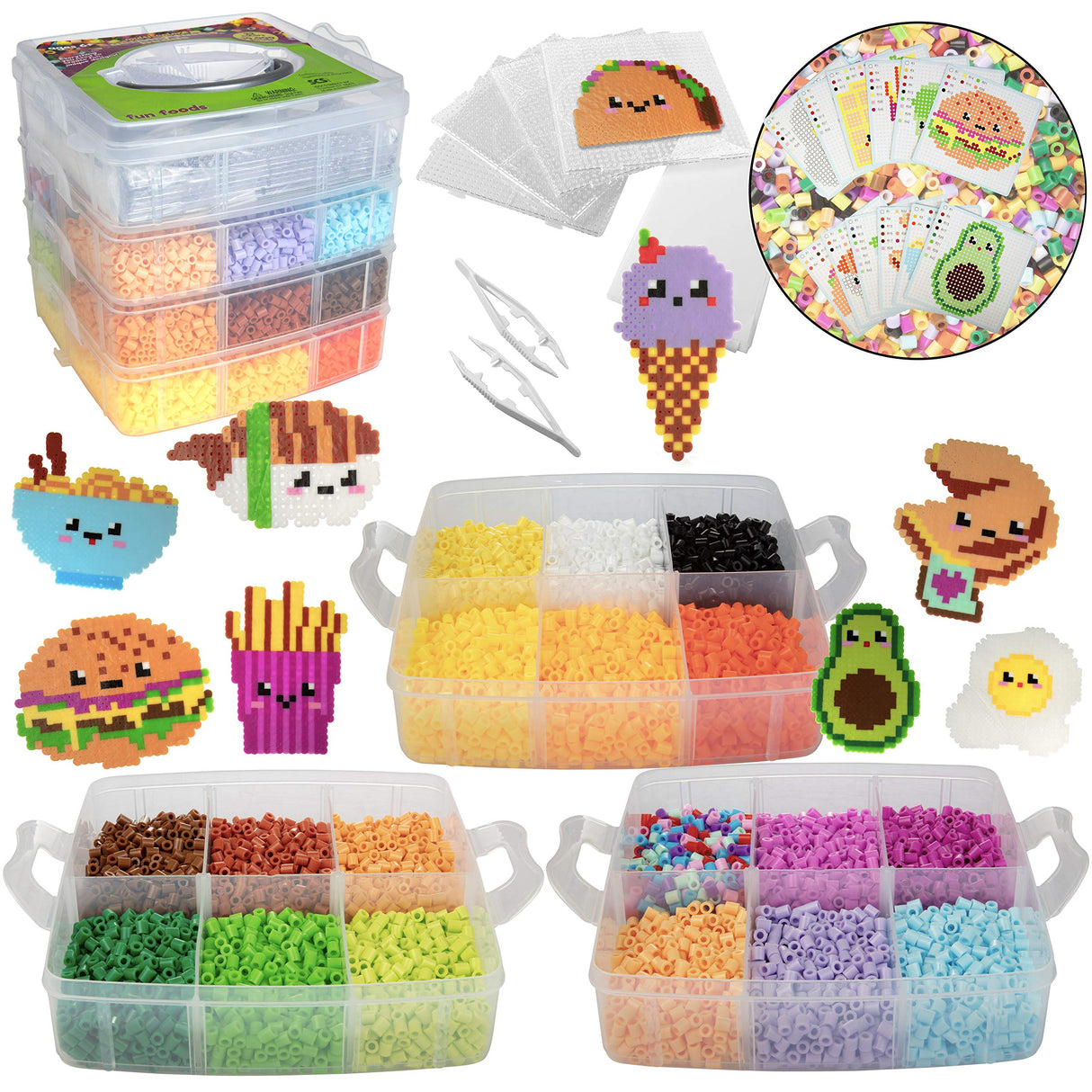 10,000pc DIY Fuse Bead Kit w Carrying Case - Fun Foods - 22 Colors, 12 Unique Templates, 4 Peg Boards, Tweezers, Ironing Paper, Case - Pixel Art Color by Numbers Craft Gift SCS Direct