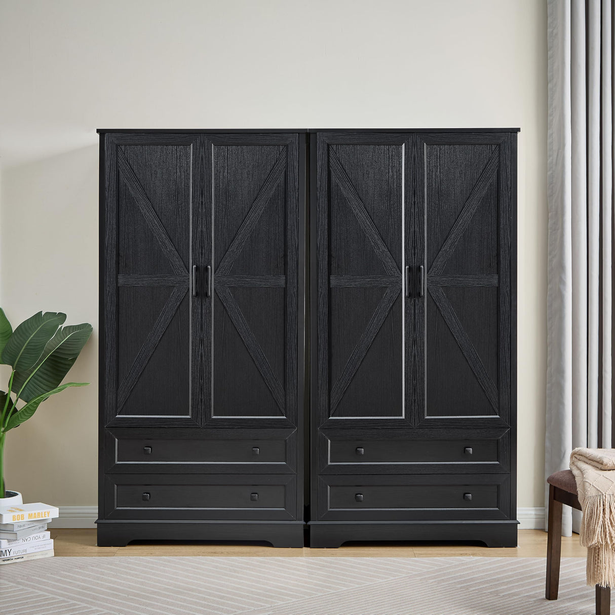 SOOWERY Dresser for Bedroom, Farmhouse Dresser with 2 Wooden Drawers and Storage Cabinets, 71 Inches Tall Chest of Drawers for Bedroom, Living Room, Hallway, Black SOOWERY