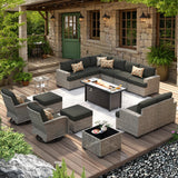 HOOOWOOO Outdoor Sectional Patio Furniture Set with Fire Pit Table,15 Pieces Wicker Conversation Sets L Shaped Couch,Extra Deep Out Door Sofa Outside Furniture with Swivel Chairs Ottomans,Black HOOOWOOO