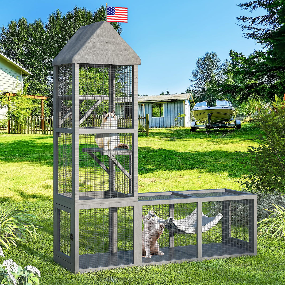 TIMHAKA Catio Outdoor Cat Enclosure with Tunnel, 2 in 1 Outside Pet Playground Include 1 Catio and 1 Tunnel, Cat Enclosure with Cats Hammock and Waterproof Cover, Indoor Outdoor Cats Cage with 2 Door TIMHAKA