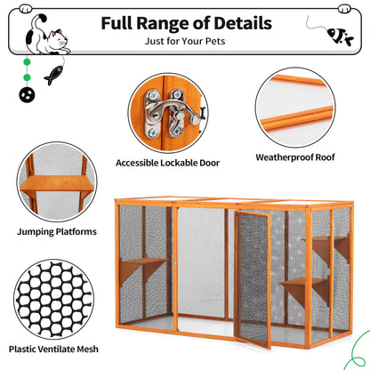 COZIVVOVV Wooden Cat House, Catio Outdoor Cat Enclosure, Large Cat Cage with 3 Platforms, Door and Asphalt Roof, Kitty Condo Indoor Playpen (Orange-New, Large) - WoodArtSupply