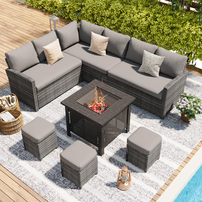 U-MAX 7 Pieces Patio Furniture Set with 30 Inch Fire Pit Table, Outdoor Sectional Sofa Conversation Set, All Weather Wicker Rattan Dining Table & Chair with Ottoman, Grey Rattan&Grey Cushion