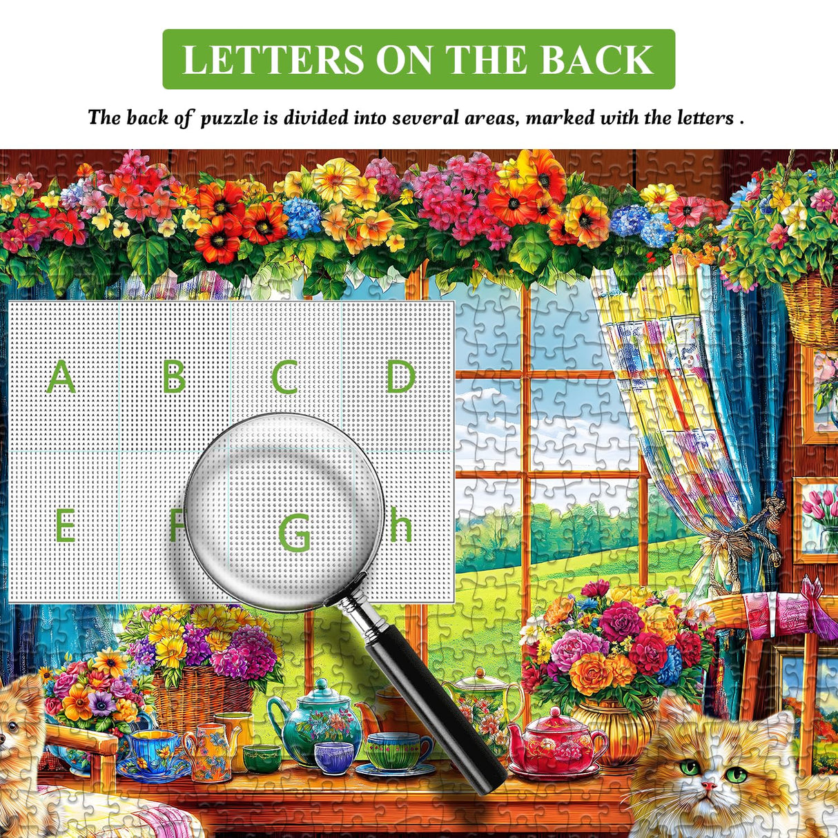 Flower Garden Puzzle for Adults 1000 Pieces, PICKFORU Nature Puzzle Features Flowers Teacups, Quilt, Dog Cat Puzzle, Spring Plant Floral Puzzle Challenging PICKFORU