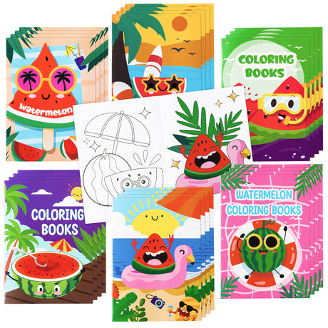 Dvbonike 24Pcs Watermelon Coloring Books Summer Themed DIY Color-in Pages with Seaside Beach Sunglasses Drawing Party Favors Gifts Home School Classroom Game Art Activity Supplies for Kids Age 4-8 Dvbonike